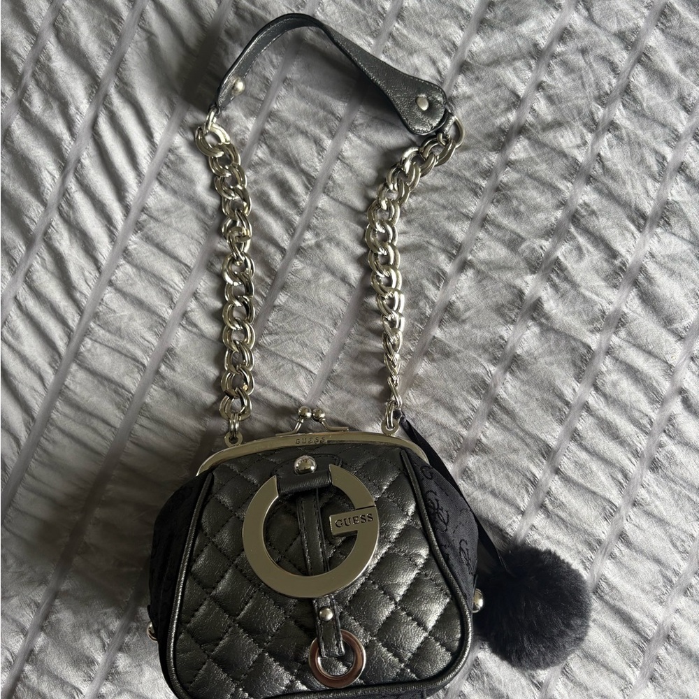 Guess Silver Mini Quilted Bag with Chain Strap